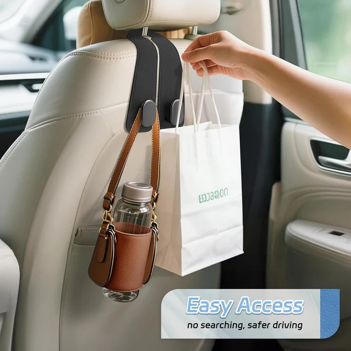 Easy access car headrest hook holding shopping bag and bottle holder